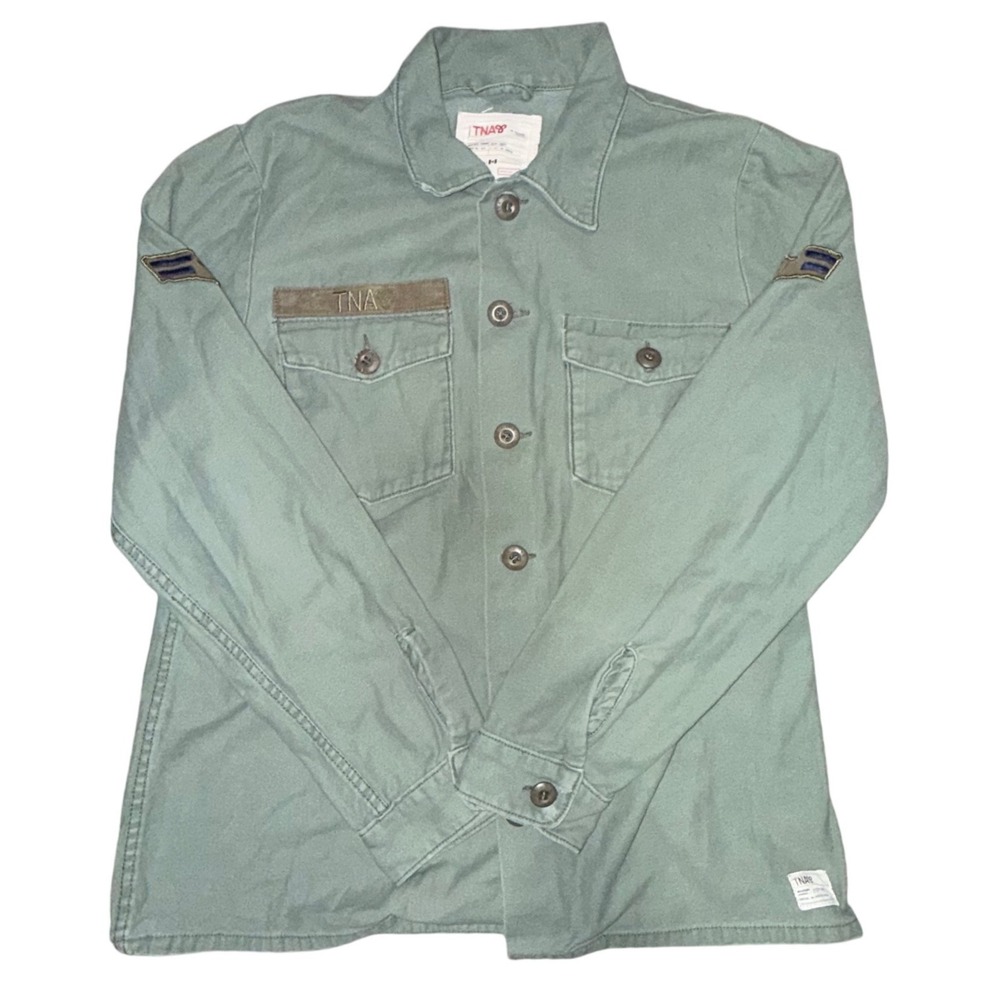TNA Aritzia Military Jacket Women Large Sage Green Utility Shacket Cargo Patches